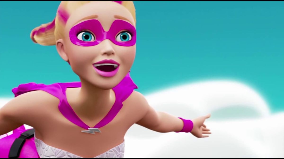 Barbie as a superhero with a pink mask, flying through the air