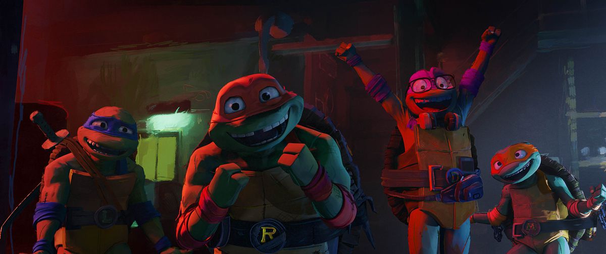 Lr, Leonard, Raphael, Donatello och Michelangelo är väldigt exalterade i en screencap från Teenage Mutant Ninja Turtles: Mutant Mayhem.