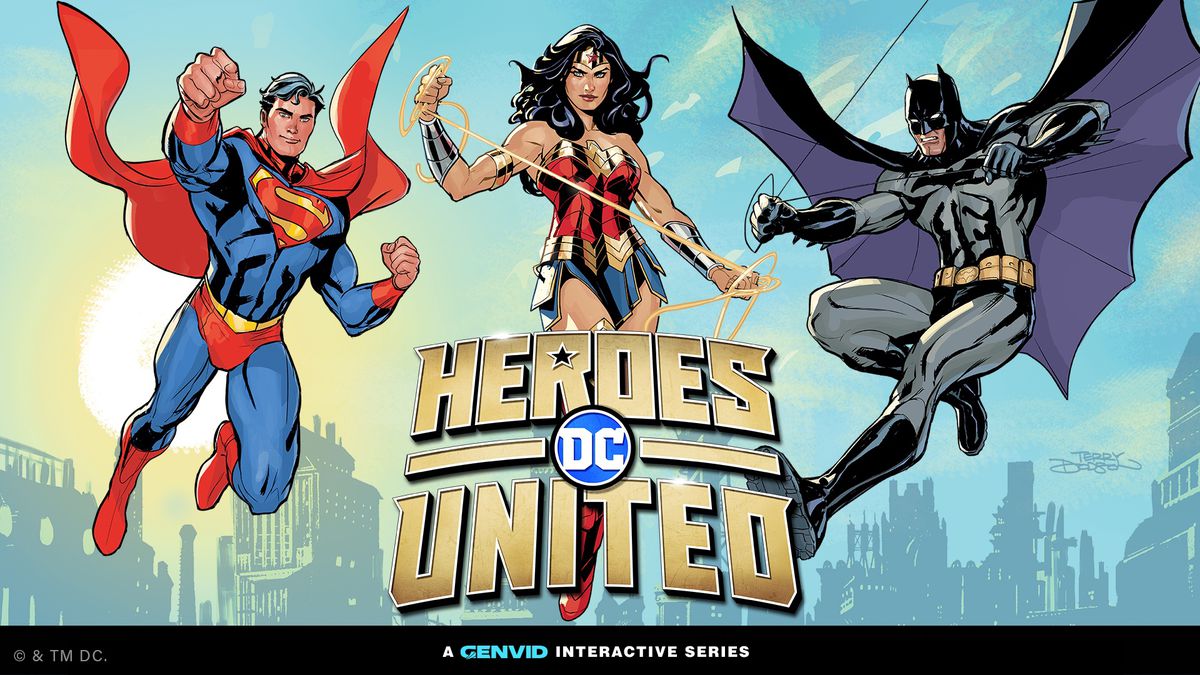 Konstverk av Superman, Wonder Woman och Batman, och logotypen för DC Heroes United