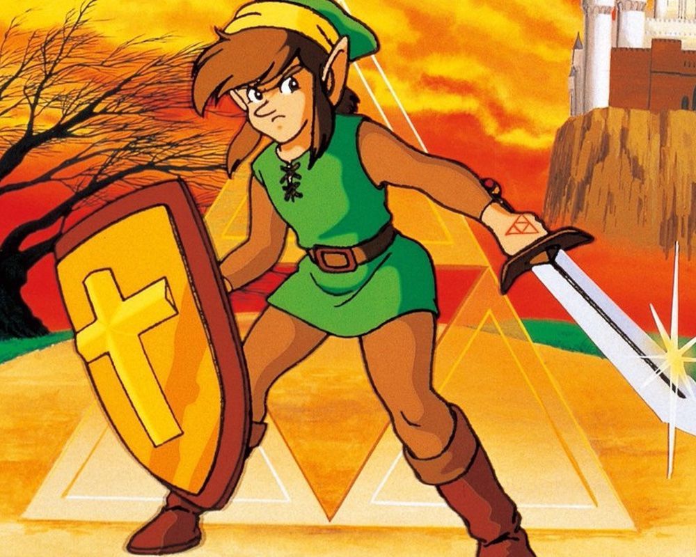 Illustrerad länk från Zelda II: Adventure of Link viftar med sitt svärd och håller upp sin sköld