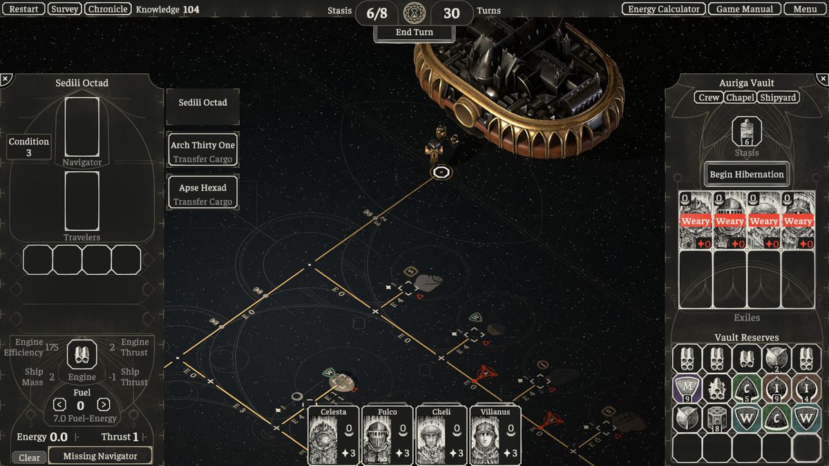 En bred bild av den interstellära brädan i The Banished Vault, som visar en munk framför Auriga Vault-klostret som förbereder sig för spelarens tur