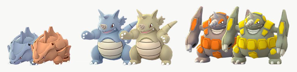 Rhyhorn, Rhydon och Rhyperior står bredvid sina glänsande former, som är orange eller guld