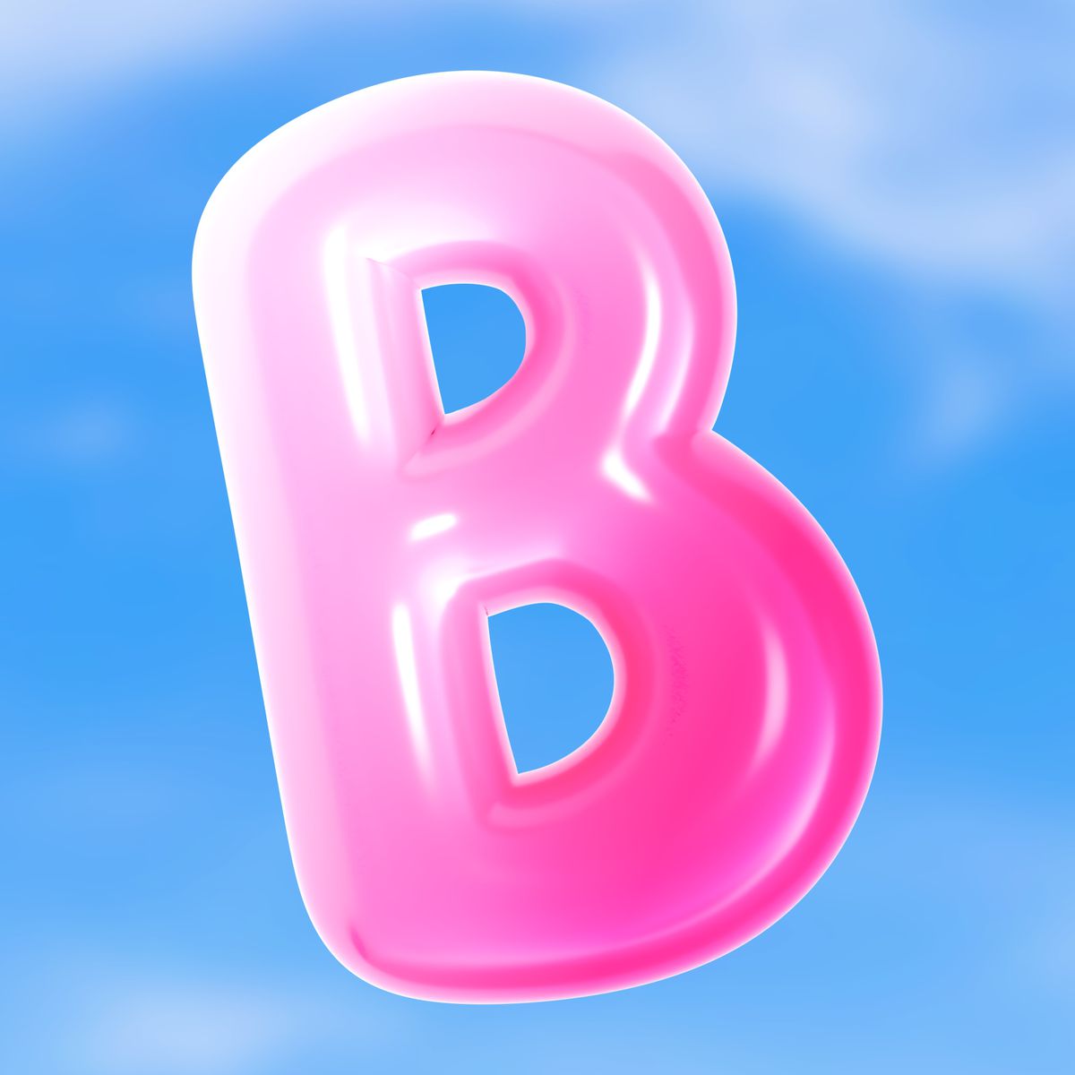 A pink ‘B’ designed to look like a floaty balloon against a blue sky backdrop