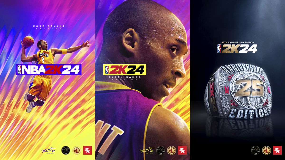 omslag till tre av NBA 2K24:s utgåvor, standardversionen (vänster), Black Mamba-utgåvan (mitten) och 25th Anniversary Edition (höger)