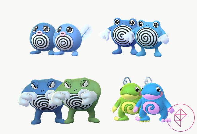 Shiny Poliwag, Poliwhirl, Poliwrath och Politoed i Pokémon Go.  Shiny Poliwag och Poliwhirl blir båda en ljusare blå nyans, Poliwrath blir mossgrön och Politoed får en blå och rosa färgskala.