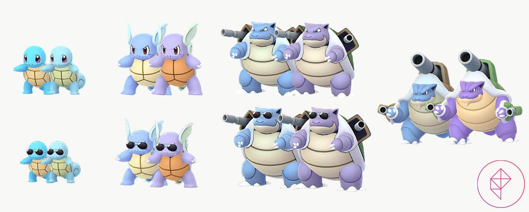 Shiny Squirtle, Wartortle, Blastoise och Mega Blastoise i Pokémon Go med sina vanliga former.  Det finns också ett set i solglasögon.