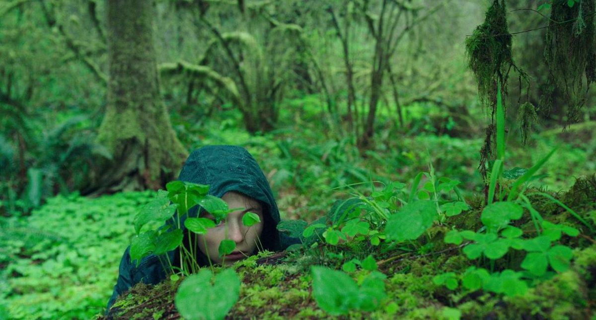 Thomasin McKenzie kikar bakom några väldigt gröna kronblad mitt i skogen i Leave No Trace.