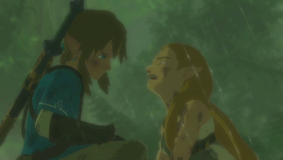 Zelda gråter i regnet när Link ser på i The Legend of Zelda: Breath of the Wild.