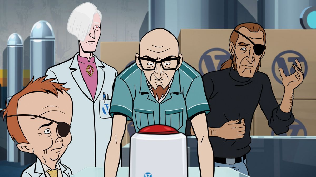 (LR) Billy QuizBoy (Doc Hammer), Pete White (Christopher McCulloch), Dr. Venture (James Urbaniak) och The Pirate Captain (Christopher McCulloch) i The Venture Bros.: Radiant Is the Blood of the Baboon Heart.