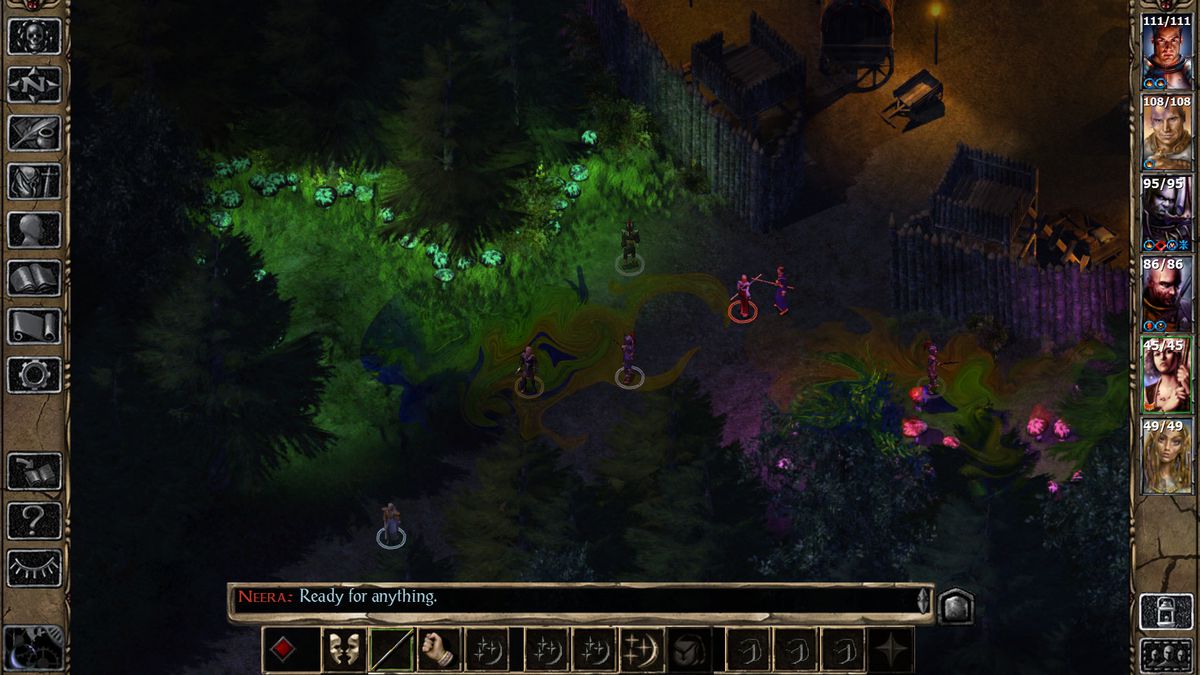 Karaktärens sällskap utforskar ett psykedeliskt träskområde utanför en stad i Baldur's Gate 2: Enhanced Edition