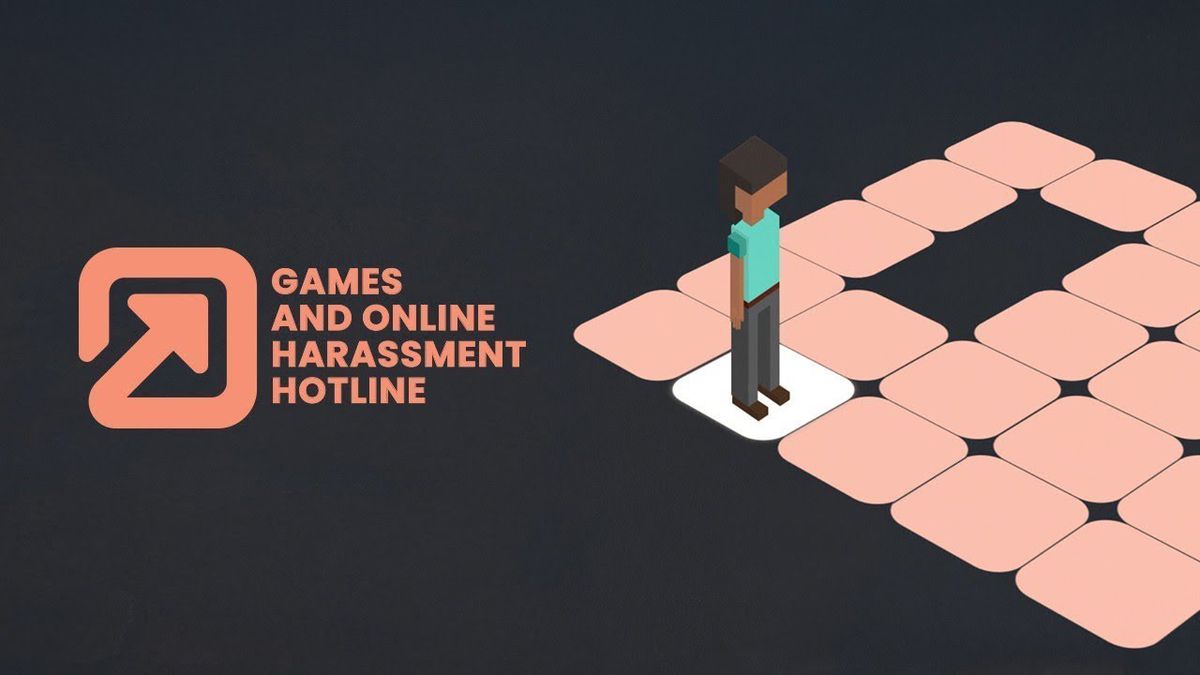 Art for the Games and Online Harassment hotline featuring a pixelated person in a pink-and-black space.