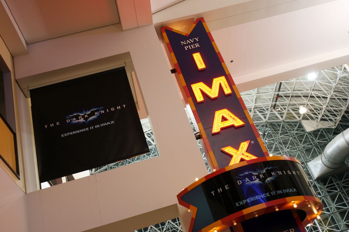 Banners for The Dark Knight on display at the exterior of the IMAX theater in Chicago