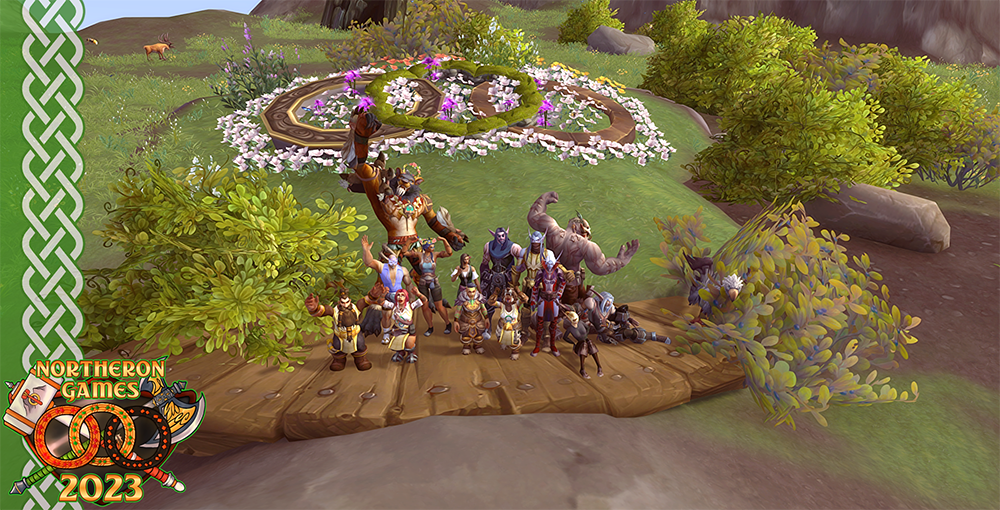 Spelare samlas för att fira Northeron Games.  Det finns rollspelare från både Horde och Alliance, som hejar festligt tillsammans bredvid en blomsterbädd som planterats för turneringen.