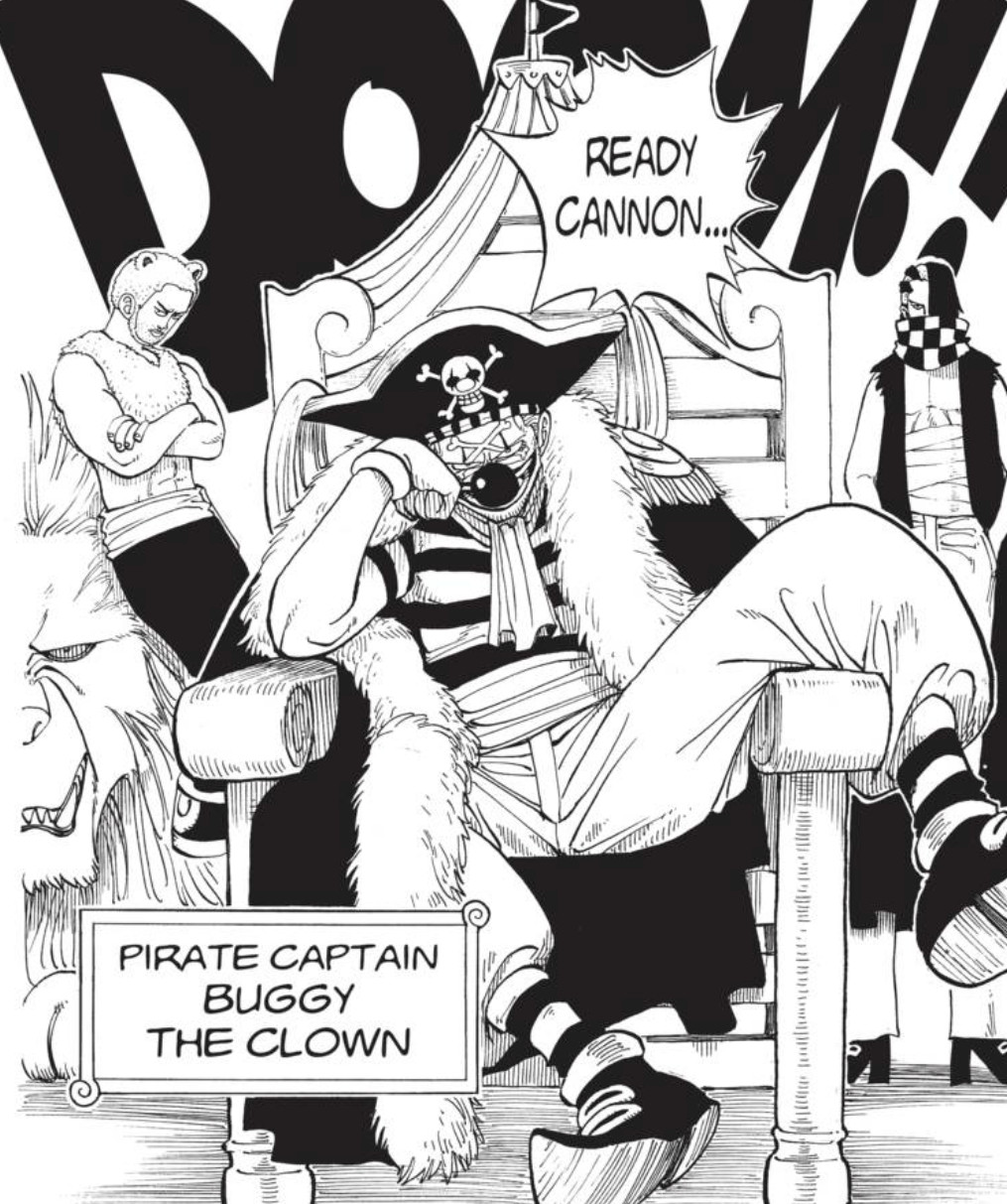 Buggy, från One Piece in the manga.  Han är piratkaptenen känd som clownen Buggy.  Han lutar sig i en tronliknande stol.  Han lutar sig på ena handen och har sin andra vänstra slängd över en stolsarm. 