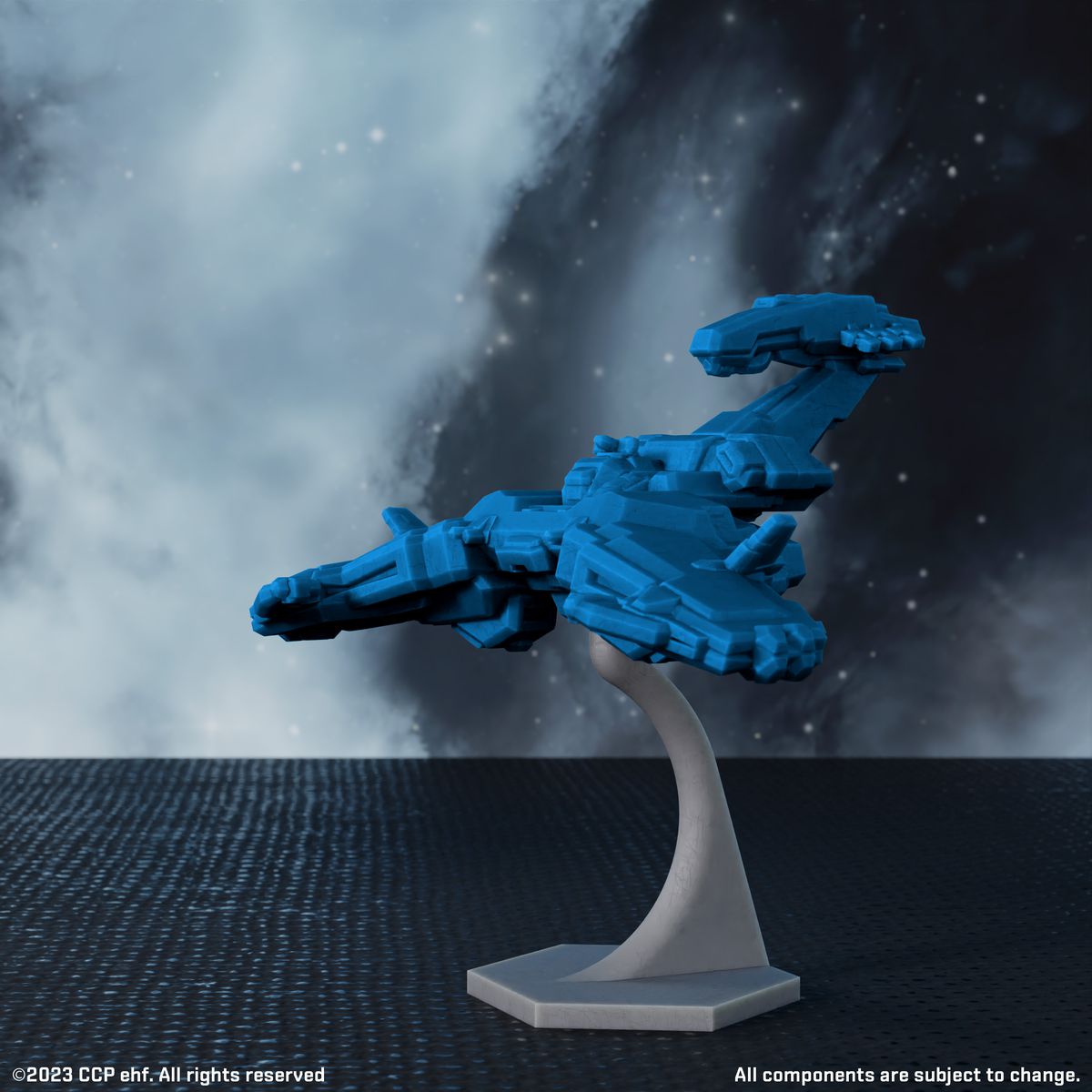 En återgivning av ett änka rymdskepp i blått på en bakgrund med rymdtema.