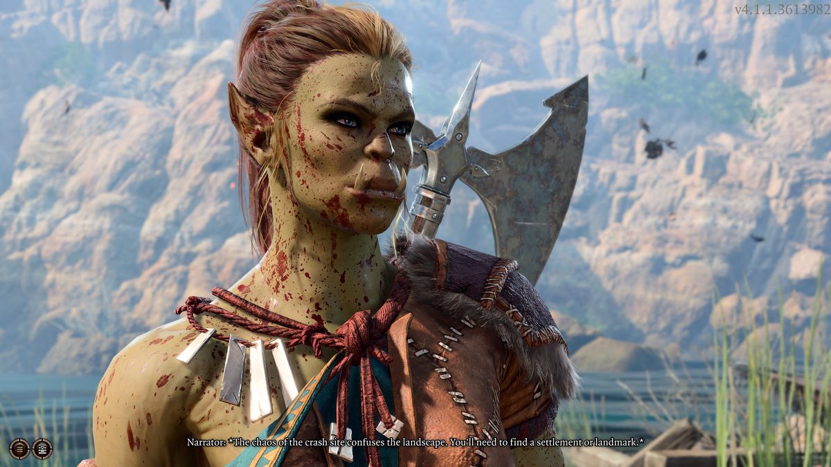Threga, en Half-Orc Fighter täckt av någon annans blod, pratar med en kamrat som om hon inte bara stympade en hel massa killar