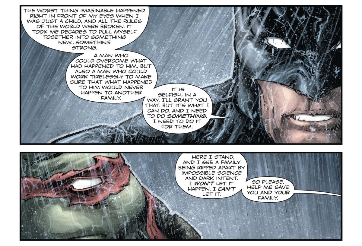 Batman berättar för en nykter Rafael om hans föräldrars död och hur det motiverar honom att 