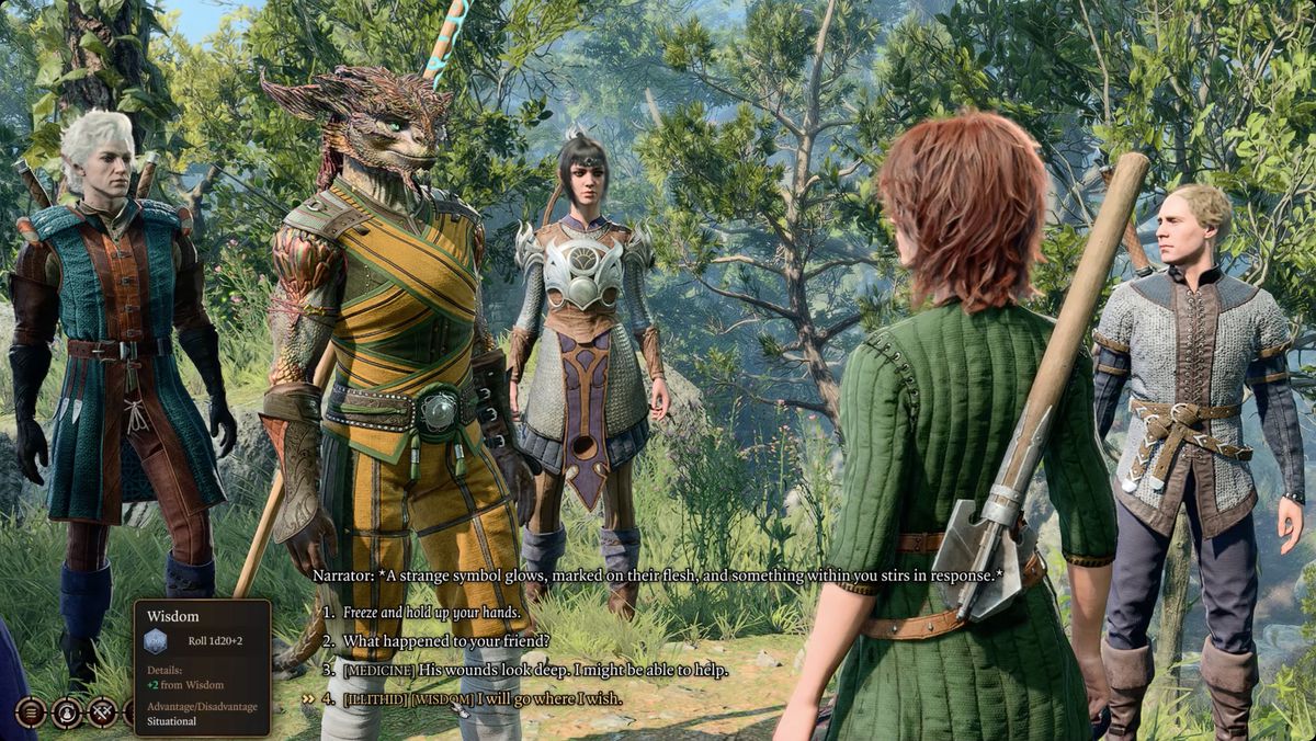 Baldur's Gate 3-äventyrare i en konversation med dialogalternativ längst ner på skärmen