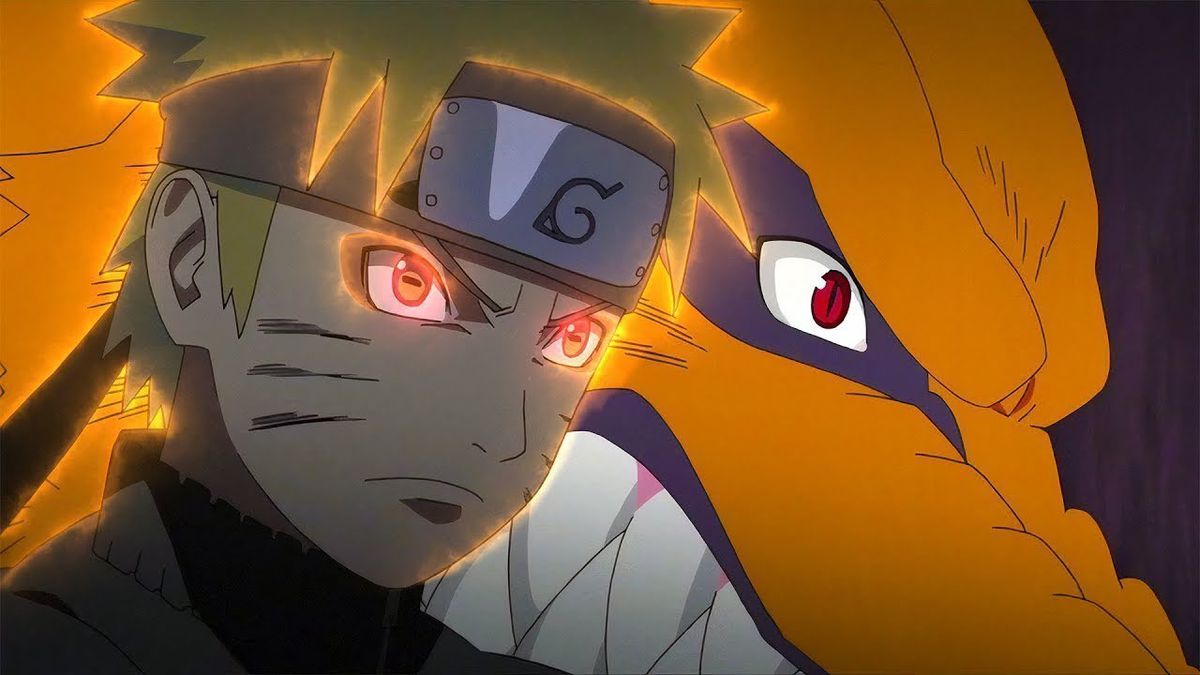 En rödögd Naruto som står bredvid Kurama, den nio-svansade rävandan i Boruto.