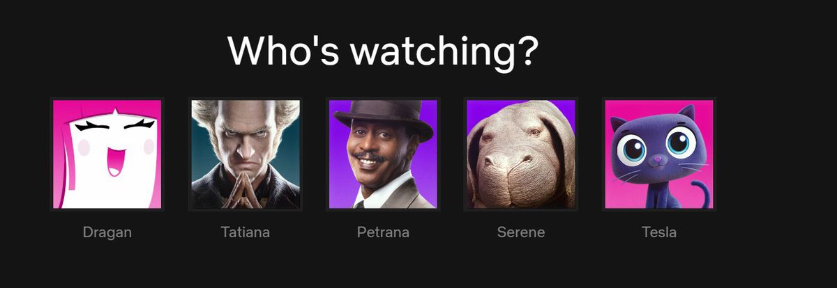 En Netflix-inloggningsskärm som visar ett standardsmiley, greve Olaf, Mr. Poe, Okja och en tecknad katt