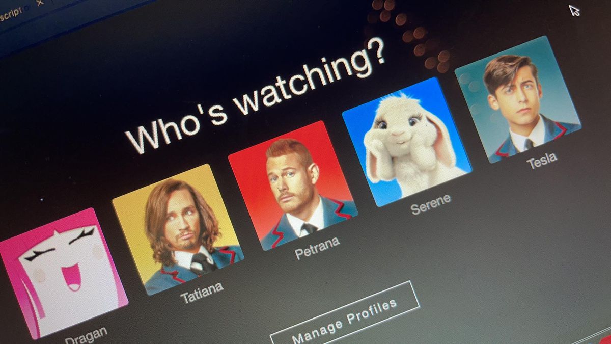 En Netflix-inloggningsskärm som visar en standardikon, Klaus från The Umbrella Academy, Luther från The Umbrella Academy, en söt kanin och Five från The Umbrella Academy.