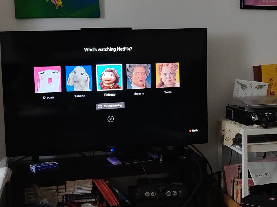 En Netflix-inloggningsskärm som visar en leende avatar som standard, en söt kanin, en konstig docka, drottning Charlotte och Penelope Featherington.  Det är avbildat på en TV-skärm