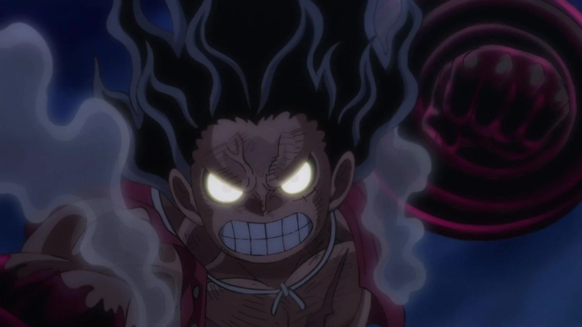 Luffy ser skrovlig ut med glödande ögon och ådror i pannan när han radar upp ett slag