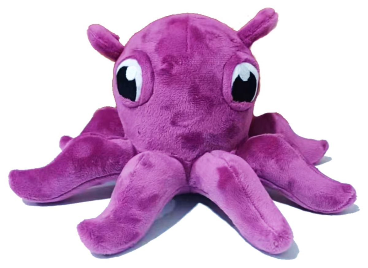 Cosmoctopus plysch är mjuk, gjord av tyg och har stora vänliga ögon.