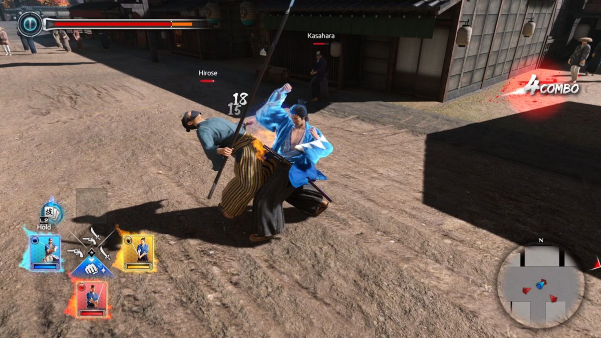 Ryoma Sakamoto använder stridsstilen mot en fiende i Like a Dragon: Ishin!