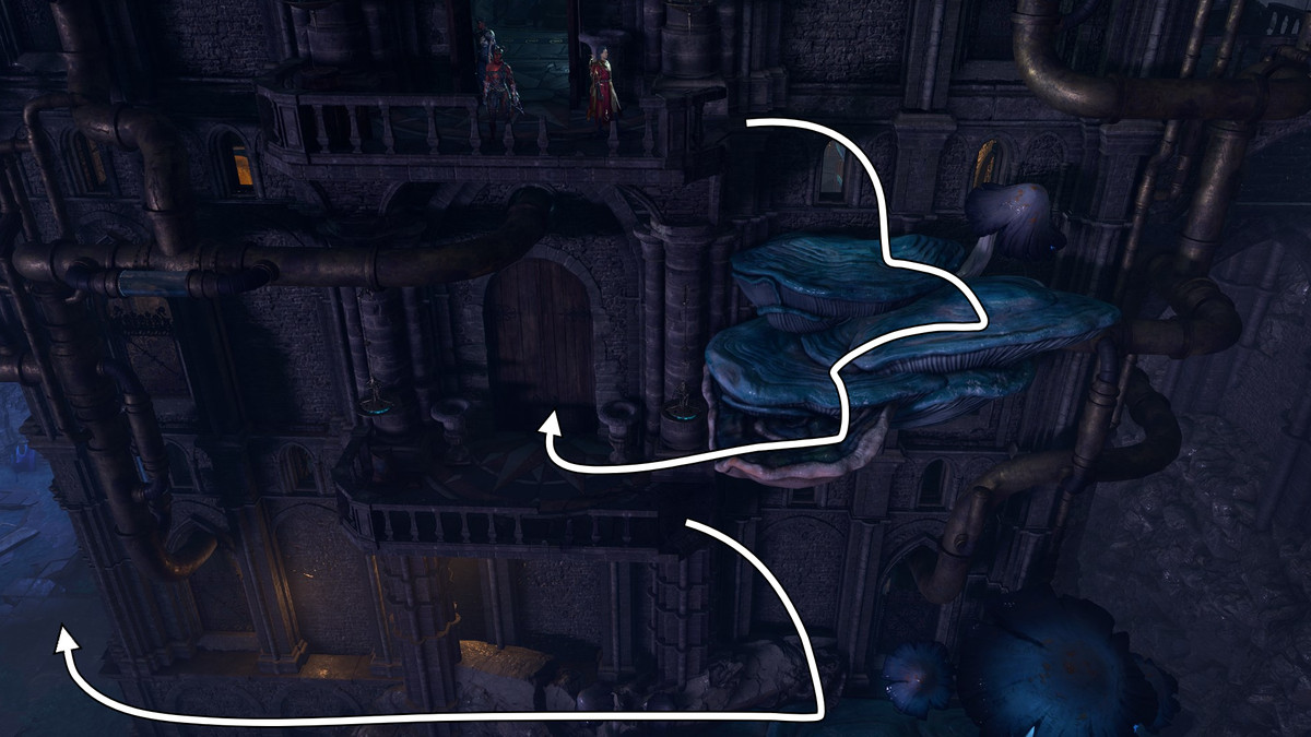 Svampplattformar på sidan av Arcane Tower i Baldur's Gate 3.