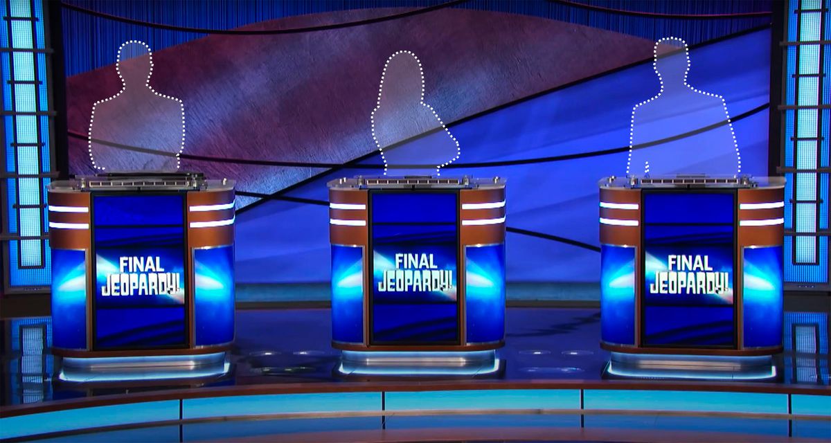 konturen av tre Jeopardy-tävlande som står bakom pallplatser som visar Final Jeopardy 