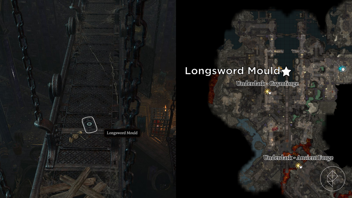Longsword Mold plats markerad på kartan över Grymforge i Baldur's Gate 3.