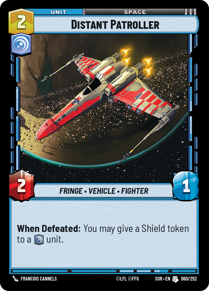 En bild på ett kort från Star Wars: Unlimited TCG, som visar Distant Patroller, ett utkantsfordon, en fighter, med 2/1.  Det kostar 2 resurser att spela till bordet.