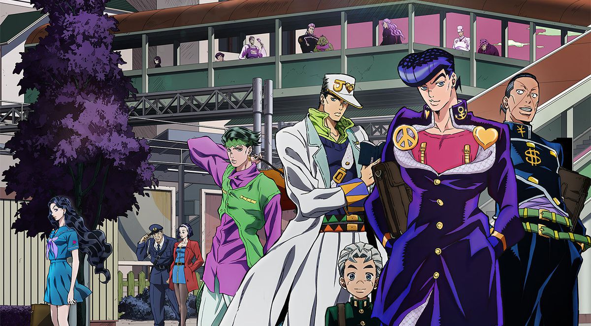 Josuke Higashikata and Jotaro Kujo standing alongside several supporting characters from “Jojo’s Bizarre Adventure: Diamond is Unbreakable”