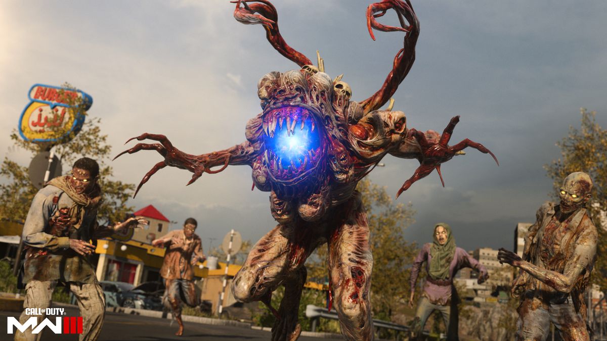 En zombie Mimic flankeras av en kvartett av humanoida zombies utanför Burger Town i en skärmdump från Call of Duty: Modern Warfare 3:s Zombies-läge