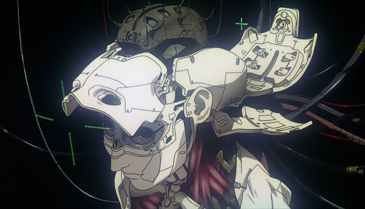 En cyborg som sätts ihop med holografiska markörer svävande vid sidorna i Ghost in the Shell.