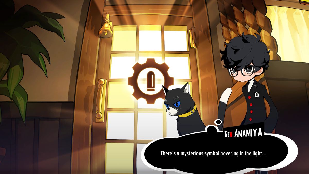Morgana och Joker observerar en mystisk dörr som har dykt upp i Cafe Leblanc i Persona 5 Tactica