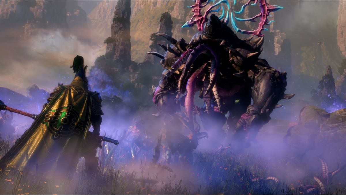 En himmelsk general från Cathay möter ett Mutalith Vortex Beast of Tzeentch i Total War: Warhammer 3 Shadows of Change