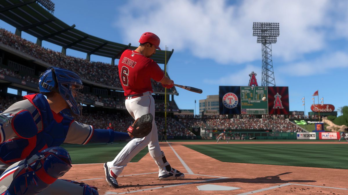 a view from home plate after a swing by Anthony Rendon of the Los Angeles Angels in MLB The Show 20