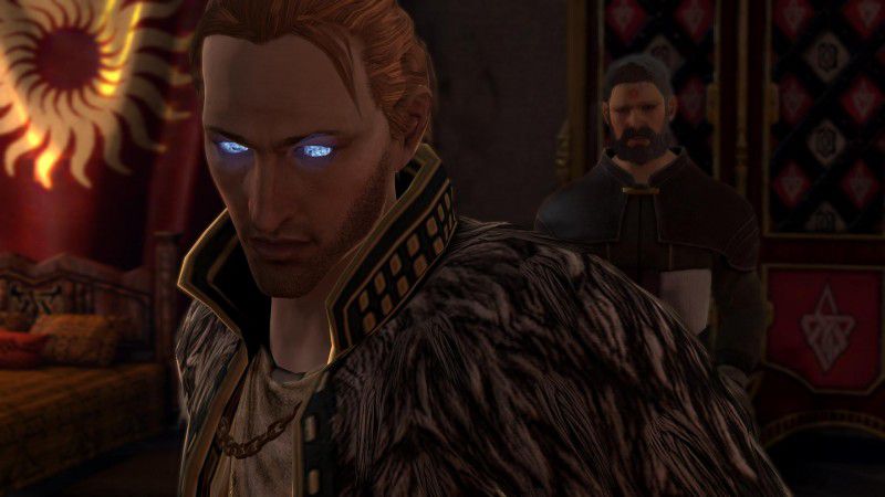 Anders, standing in a room hung with tapestries and banners, his eyes glowing eldritchly, in Dragon Age 2.