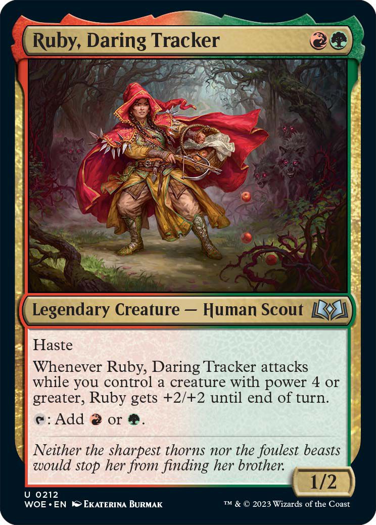 Art of Ruby, Daring Tracker från Magic: The Gathering's Wilds of Eldraine expansion.  Hon har en röd huva på sig och använder ett armborst.