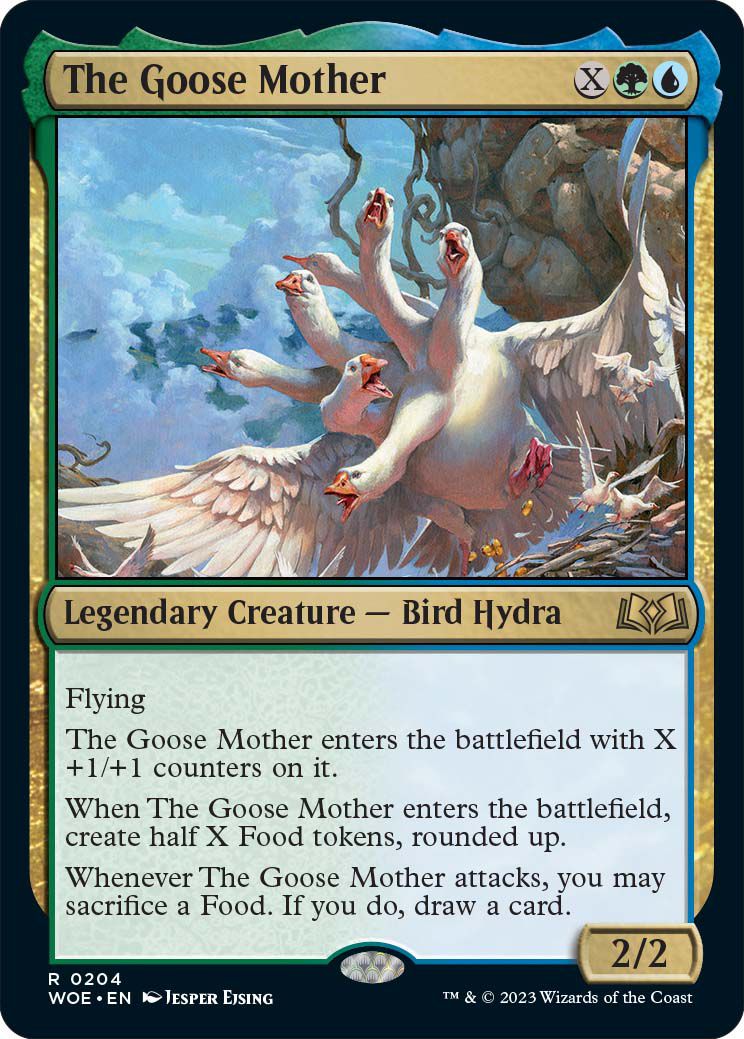 Art of The Goose Mother från Magic: The Gathering's Wilds of Eldraine expansion.  Det ser ut som en gås med en massa huvuden. 