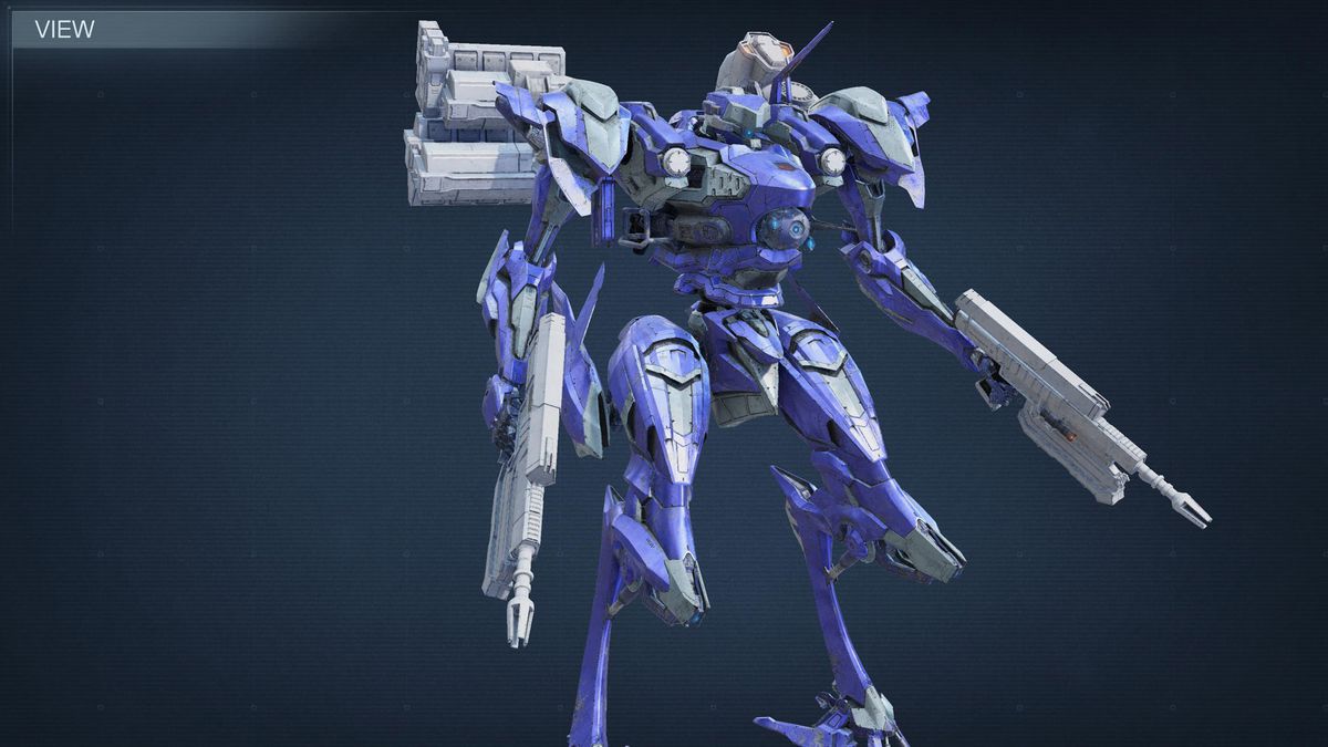 En blå närbildsbyggande mek står mot en grå bakgrund i Armored Core 6.