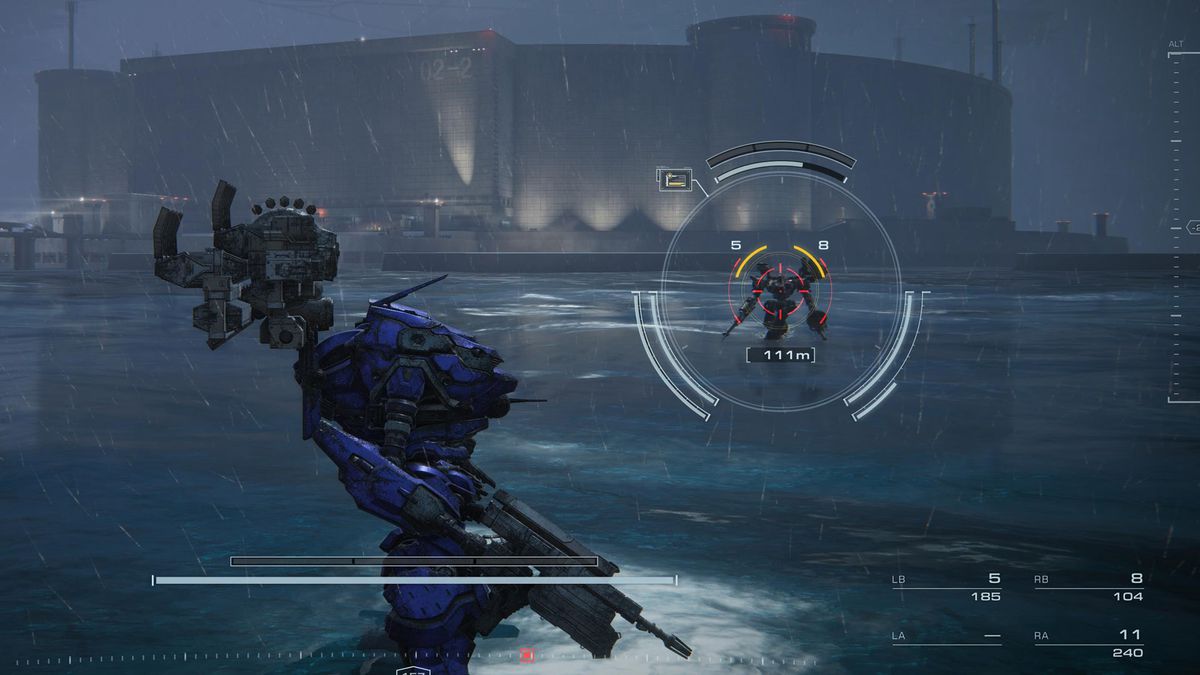 En mek kämpar mot en annan mek på en frusen sjö nära en damm i Armored Core 6.