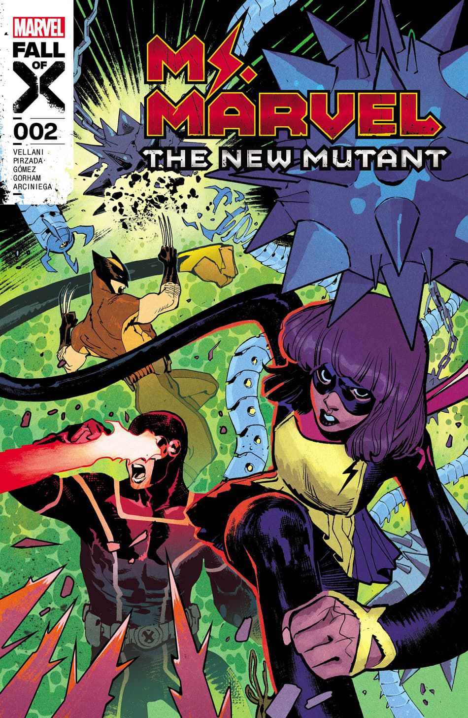 Ms. Marvel, Cyclops och Wolverine slåss mot fiender på omslaget till Ms. Marvel: The New Mutant #2 (2023).