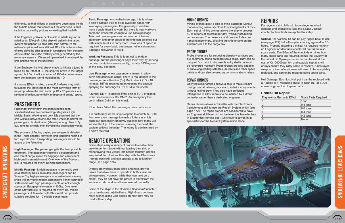 A two-page spread from the Traveller 2022 rules update showing how vehicles are handles. There are rules for taking on passengers, operating in deep space along, and for making repairs. A small image of a ship in drydock is included.