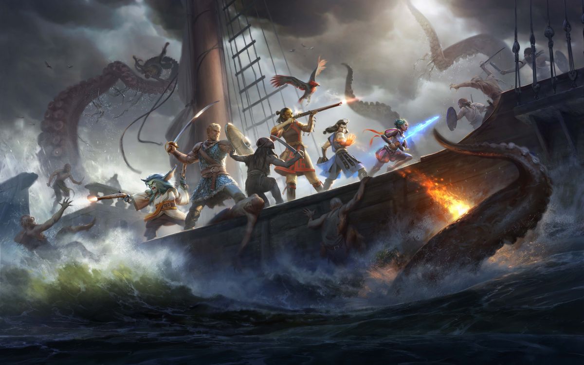 Pillars of Eternity 2 nyckelkonst, som visar ett sällskap av fantasihjältar på en båt som slåss mot en kraken.