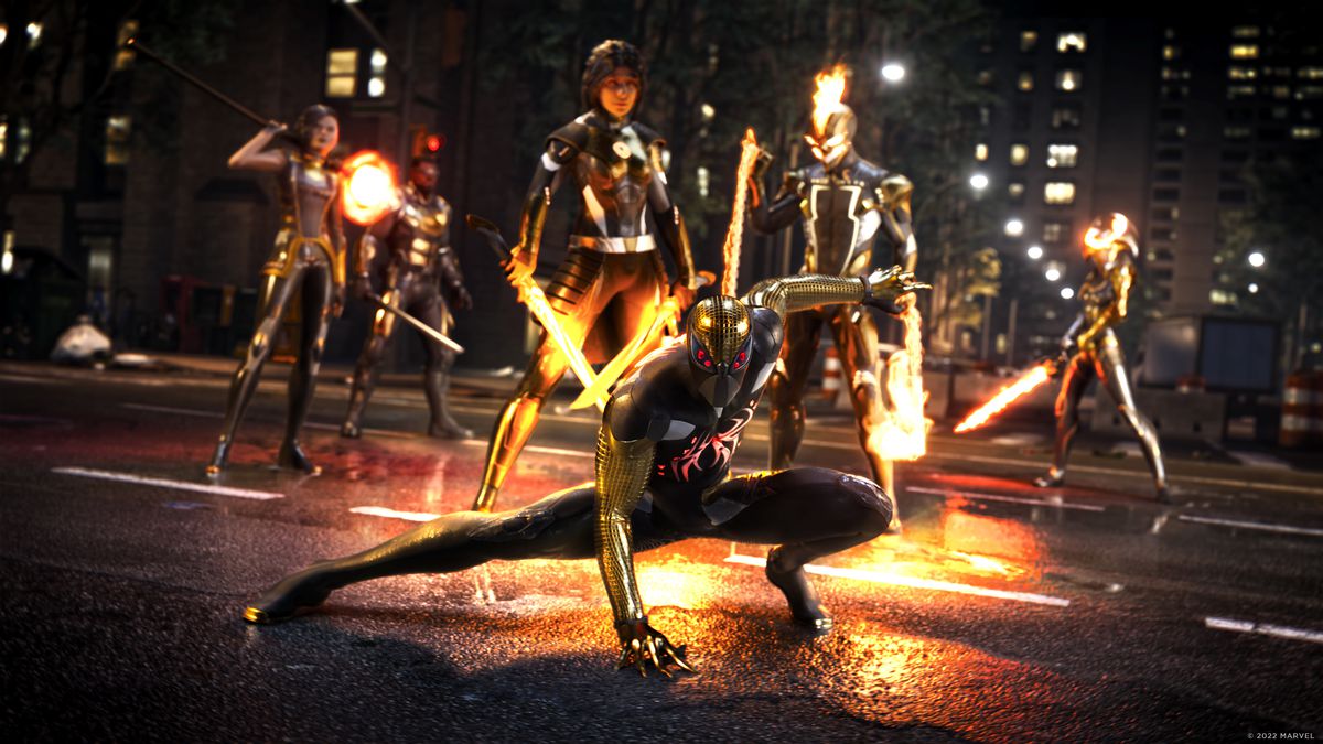 Spider-Man, Blade, Ghost Rider, Magik och andra Marvel-hjältar poserar på en gata på natten i en filmisk stillbild från Marvel's Midnight Suns.