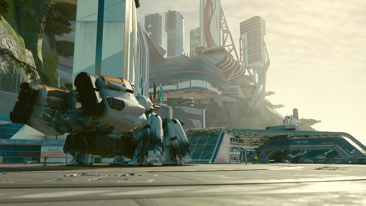 i en skärmdump från Starfield är ett rymdskepp parkerat på ett landningsområde i en futuristisk stad som heter New Atlantis