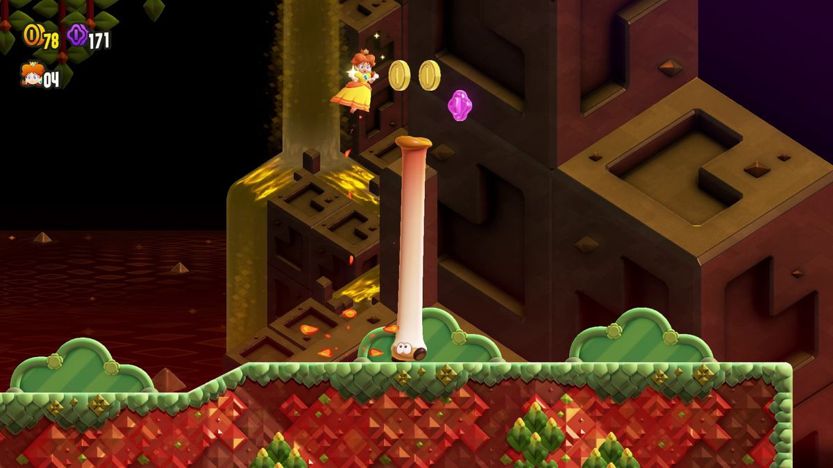 Daisy hoppar över en trumpet (en hög svamp) med ett hukande hopp i en skärmdump från Super Mario Bros. Wonder